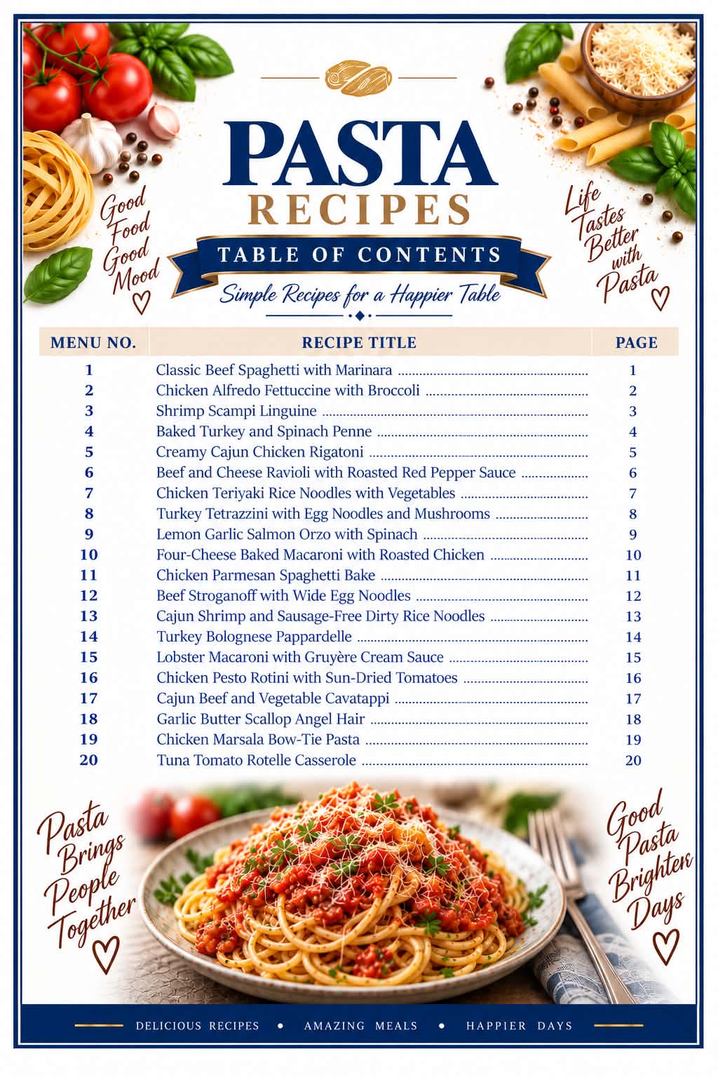 Pasta Recipes Table of Contents